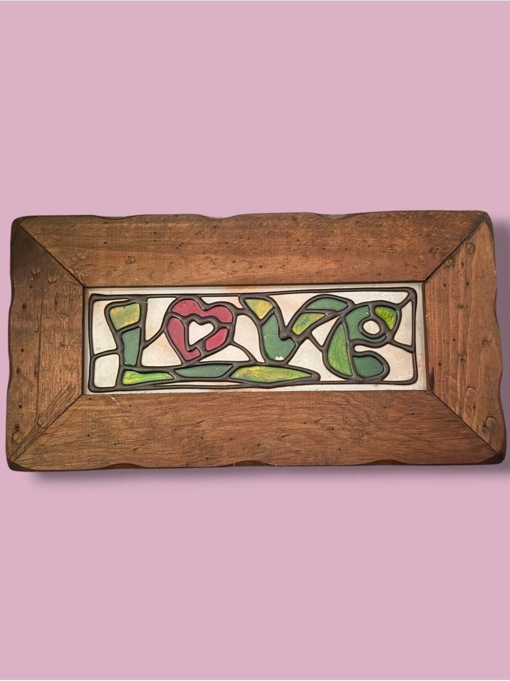 Vintage stained glass Love wooden wall plaque